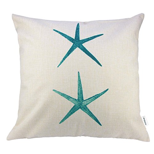4 Packs Hippih Cotton Linen Sofa Home Decor Design Throw Pillow Case Cushion Covers 18 X 18 Inch ,1x Starfish + 1x Seahorse + 1x Coral + 1x Branch (Green)