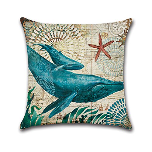 Onway Ocean Park Cotton Linen Theme Decorative Pillow Cover Case D 18" X 18" Square Shape-ocean-beach-sea-print-starfish-seahorse-voyage, 4 Pack (Season1)