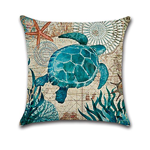 Onway Ocean Park Cotton Linen Theme Decorative Pillow Cover Case D 18" X 18" Square Shape-ocean-beach-sea-print-starfish-seahorse-voyage, 4 Pack (Season1)