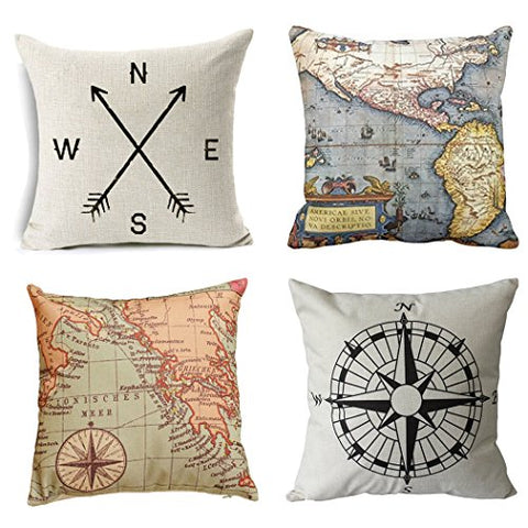 Home Decorative Throw Pillow Covers - Wonder4 Cotton Linen Map Art Throw Pillow Cases Cushion Covers Decoration,2X Maps +1x Compass + 1x Navigation Compass 18 X 18 Inch for Home Sofa Bedding Set of 4