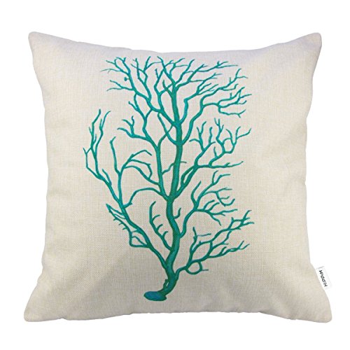 4 Packs Hippih Cotton Linen Sofa Home Decor Design Throw Pillow Case Cushion Covers 18 X 18 Inch ,1x Starfish + 1x Seahorse + 1x Coral + 1x Branch (Green)