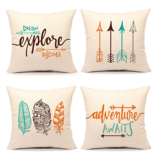 Inspirational Quote Throw Pillow Case Cushion Cover Decorative Cotton Linen 18" x 18" Set of 4(Adventure Awaits,Dream Explore Discover, Ethnic Arrows, Feathers)
