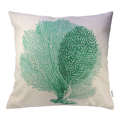 4 Packs Hippih Cotton Linen Sofa Home Decor Design Throw Pillow Case Cushion Covers 18 X 18 Inch ,1x Starfish + 1x Seahorse + 1x Coral + 1x Branch (Green)