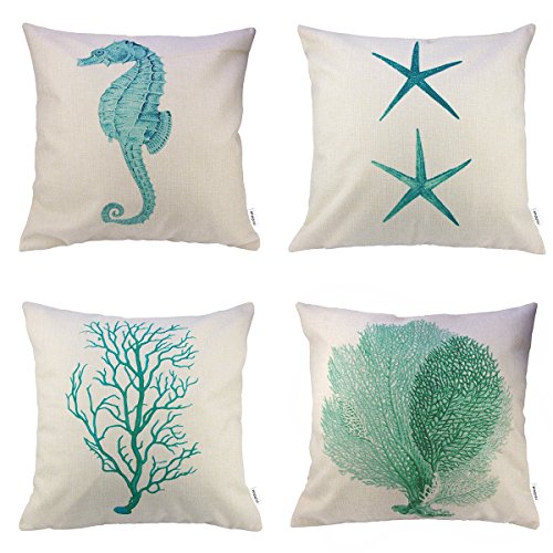 4 Packs Hippih Cotton Linen Sofa Home Decor Design Throw Pillow Case Cushion Covers 18 X 18 Inch ,1x Starfish + 1x Seahorse + 1x Coral + 1x Branch (Green)