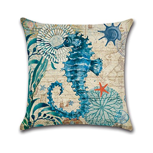 Onway Ocean Park Cotton Linen Theme Decorative Pillow Cover Case D 18" X 18" Square Shape-ocean-beach-sea-print-starfish-seahorse-voyage, 4 Pack (Season1)