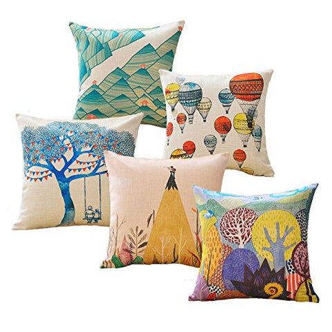 Sykting Throw Pillow Covers 18 x 18 Square Pillow Cases Set of 5 Printing Series Couch Pillow Cases Cotton Linen