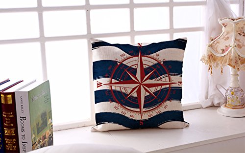 Miracle Dec Nautical Compass Pattern Linen Polyester Square Sofa Throw Pillow Covers (18"x18", Red&Navy)
