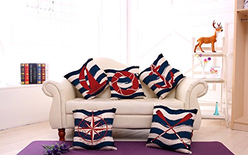 Miracle Dec Nautical Compass Pattern Linen Polyester Square Sofa Throw Pillow Covers (18"x18", Red&Navy)