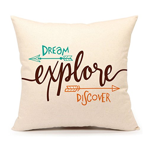 Inspirational Quote Throw Pillow Case Cushion Cover Decorative Cotton Linen 18" x 18" Set of 4(Adventure Awaits,Dream Explore Discover, Ethnic Arrows, Feathers)
