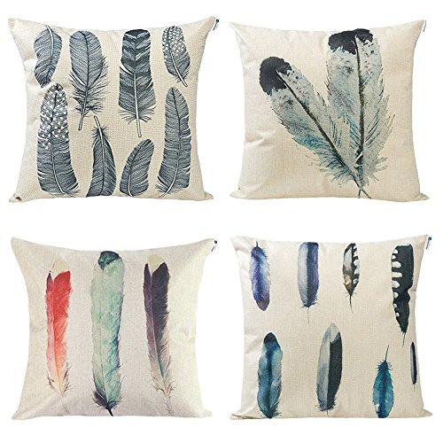 Set of 4 Feather Print Decorative Throw Pillow Covers, 18 x 18 inch Cotton Linen Cushion Covers