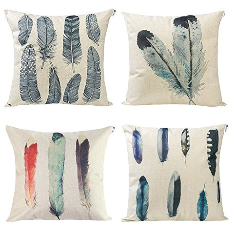 Set of 4 Feather Print Decorative Throw Pillow Covers, 18 x 18 inch Cotton Linen Cushion Covers