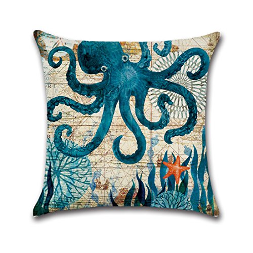Onway Ocean Park Cotton Linen Theme Decorative Pillow Cover Case D 18" X 18" Square Shape-ocean-beach-sea-print-starfish-seahorse-voyage, 4 Pack (Season1)