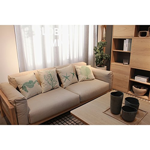 4 Packs Hippih Cotton Linen Sofa Home Decor Design Throw Pillow Case Cushion Covers 18 X 18 Inch ,1x Starfish + 1x Seahorse + 1x Coral + 1x Branch (Green)