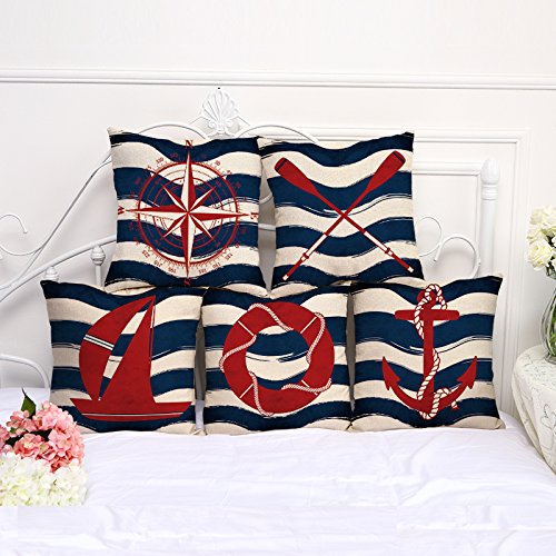 Miracle Dec Nautical Compass Pattern Linen Polyester Square Sofa Throw Pillow Covers (18"x18", Red&Navy)