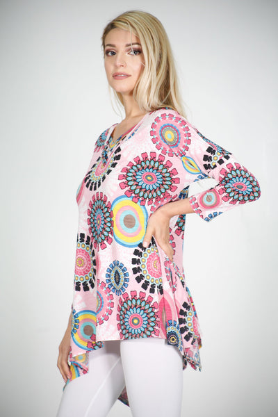 #6000WFC22029  Pink Pattern V-Neck Criss Cross Tunic Top