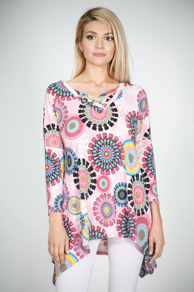 #6000WFC22029  Pink Pattern V-Neck Criss Cross Tunic Top