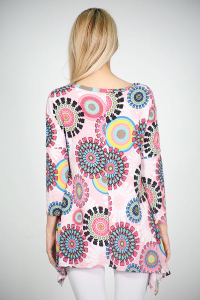 #6000WFC22029  Pink Pattern V-Neck Criss Cross Tunic Top