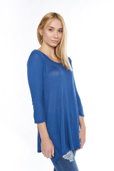 #6001WFC24029  Royal Blue 3/4 Sleeve Ribbed Tunic Top
