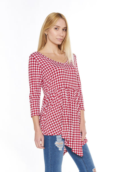 6002WFC24308  Wine Cream Houndstooth Print 3/4 Sleeve V-Neck Tunic Top