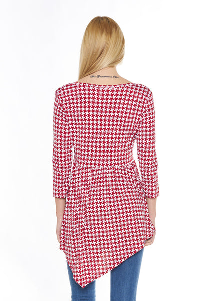 6002WFC24308  Wine Cream Houndstooth Print 3/4 Sleeve V-Neck Tunic Top