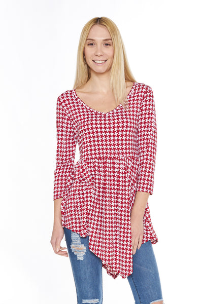 6002WFC24308  Wine Cream Houndstooth Print 3/4 Sleeve V-Neck Tunic Top