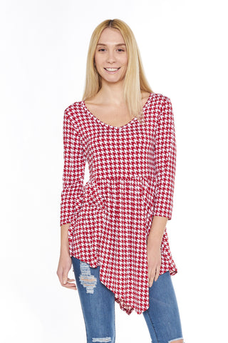 6002WFC24308  Wine Cream Houndstooth Print 3/4 Sleeve V-Neck Tunic Top