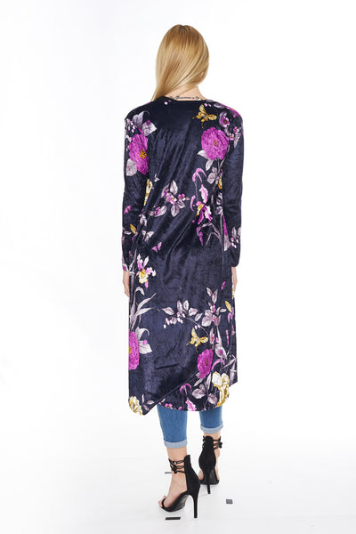 6003WFC Navy Flowers Long Sleeve Velvet Dropped Back Cardigan