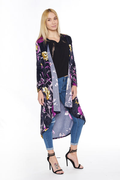 6003WFC Navy Flowers Long Sleeve Velvet Dropped Back Cardigan