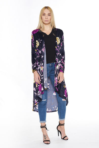 6003WFC Navy Flowers Long Sleeve Velvet Dropped Back Cardigan