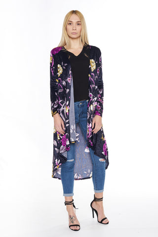 6003WFC Navy Flowers Long Sleeve Velvet Dropped Back Cardigan