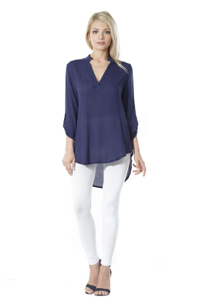 #6005WFC   Navy Blue 3/4 Sleeve Split Neck Tunic Top