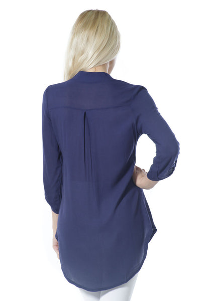 #6005WFC   Navy Blue 3/4 Sleeve Split Neck Tunic Top