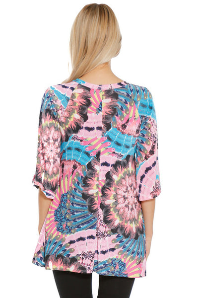 6011WFC23973  Pink Multi 3/4 Loose Sleeve Criss Cross V-Neck Tunic Top