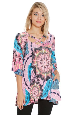 6011WFC23973  Pink Multi 3/4 Loose Sleeve Criss Cross V-Neck Tunic Top