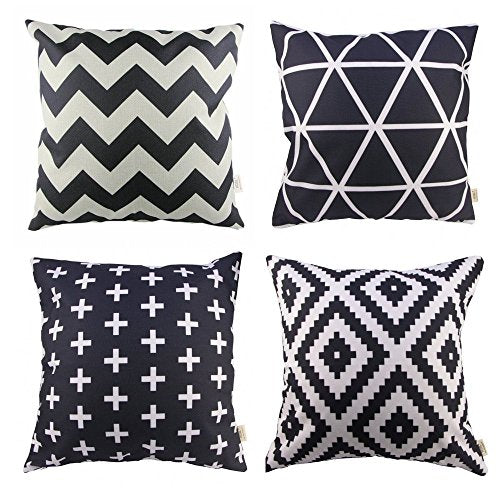 HOSL P61 4-Pack Sofa Home Decor Design Throw Pillow Case Cushion Covers Square 18 Inch (1x plus, 1x Geometry, 1x triangle, 1x Black Zig Zag Chevron) Case Only, NO PILLOW