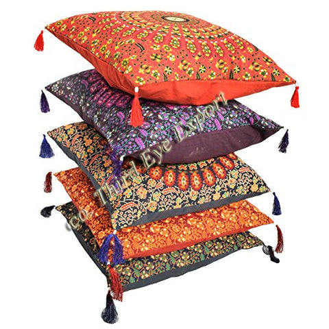 16X16" Indian Ethnic Mandala Peacock Bohemian Set of 5 Decorative Colorful Cotton Square For Sofa Set Home Decorative Boho Throw Pillow Case Cushion Cover