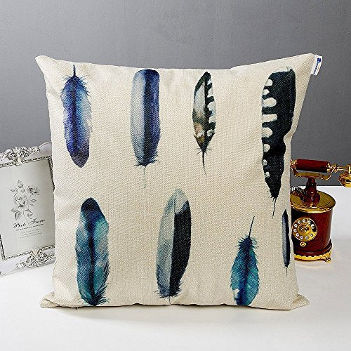 Set of 4 Feather Print Decorative Throw Pillow Covers, 18 x 18 inch Cotton Linen Cushion Covers