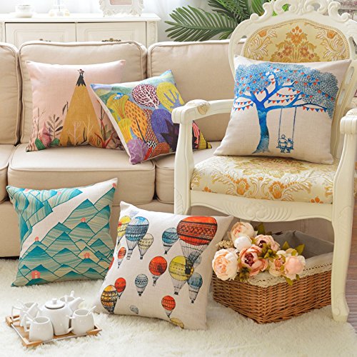 Sykting Throw Pillow Covers 18 x 18 Square Pillow Cases Set of 5 Printing Series Couch Pillow Cases Cotton Linen