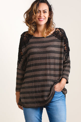 #7001BW   Brown PLUS Crochet Shoulder, Thick Blouse