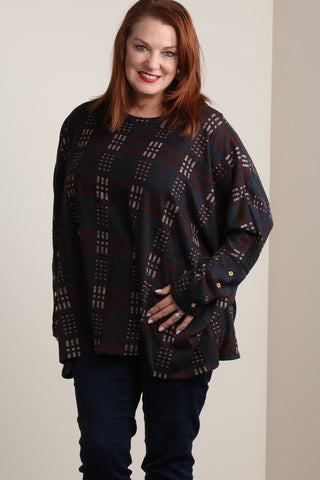 #7005BW    PLUS Navy Plaid Asymmetrical Hem Sweater Tunic with Button Accents