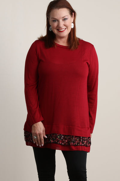 #7008BW    PLUS Sweater Tunic with Floral Ruffle Hem (in Dark Teal or Cherry Red)
