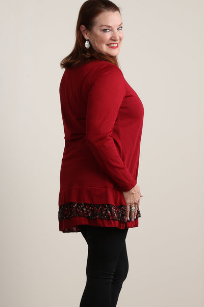 #7008BW    PLUS Sweater Tunic with Floral Ruffle Hem (in Dark Teal or Cherry Red)