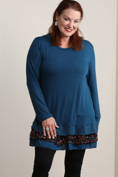 #7008BW    PLUS Sweater Tunic with Floral Ruffle Hem (in Dark Teal or Cherry Red)