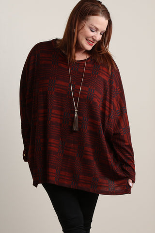 #7009BW    PLUS Crimson Plaid Asymmetrical Hem Sweater Tunic with Buttons