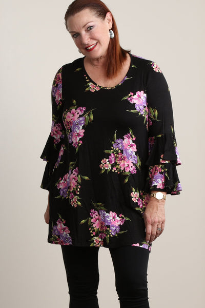 #7010BW    PLUS Floral Tiered Ruffle Sleeve Tunic