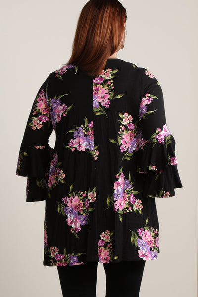 #7010BW    PLUS Floral Tiered Ruffle Sleeve Tunic