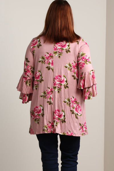 #7010BW    PLUS Floral Tiered Ruffle Sleeve Tunic