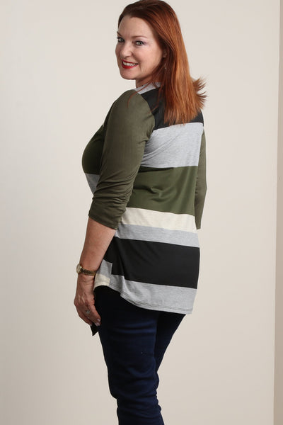 #7011BW    PLUS Green Multi-Color Stripe Tunic with Side Scarf Hem