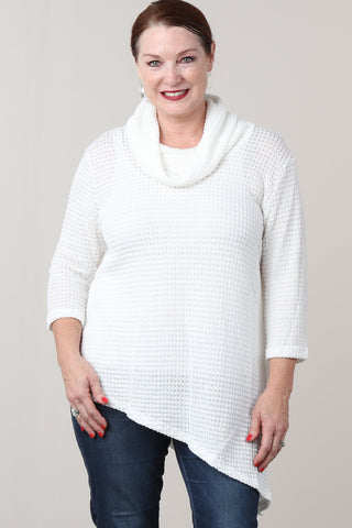 #7014BW    PLUS Ivory Mesh Cowl Neck Asymmetrical Sweater Tunic