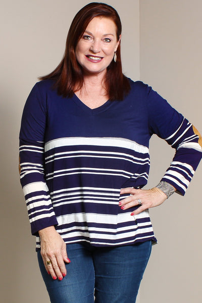 #7015BW    PLUS Stripe Elbow Patch Tunic (in Ivory/Red or Grey/Ivory)